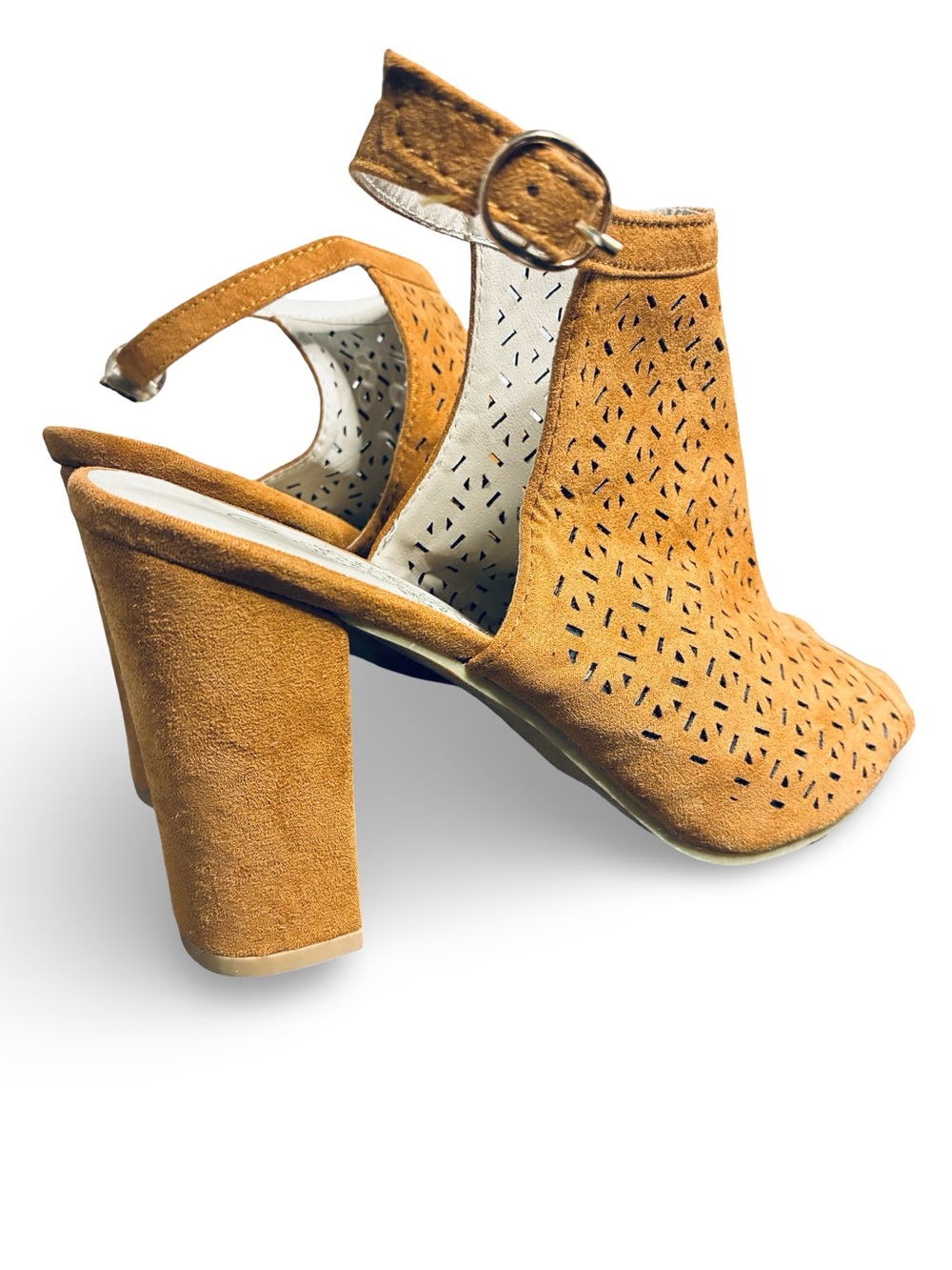 Charles Albert Mustard Suede Laser-Cut Block Heel Sandals